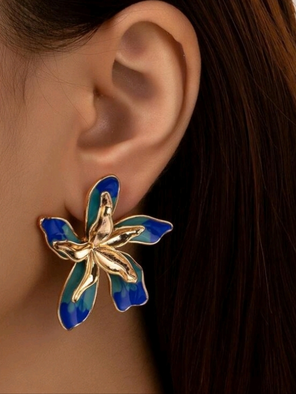 NEW! Gold and Blue Flower Enamel Statement Post Earrings - Women Jewelry